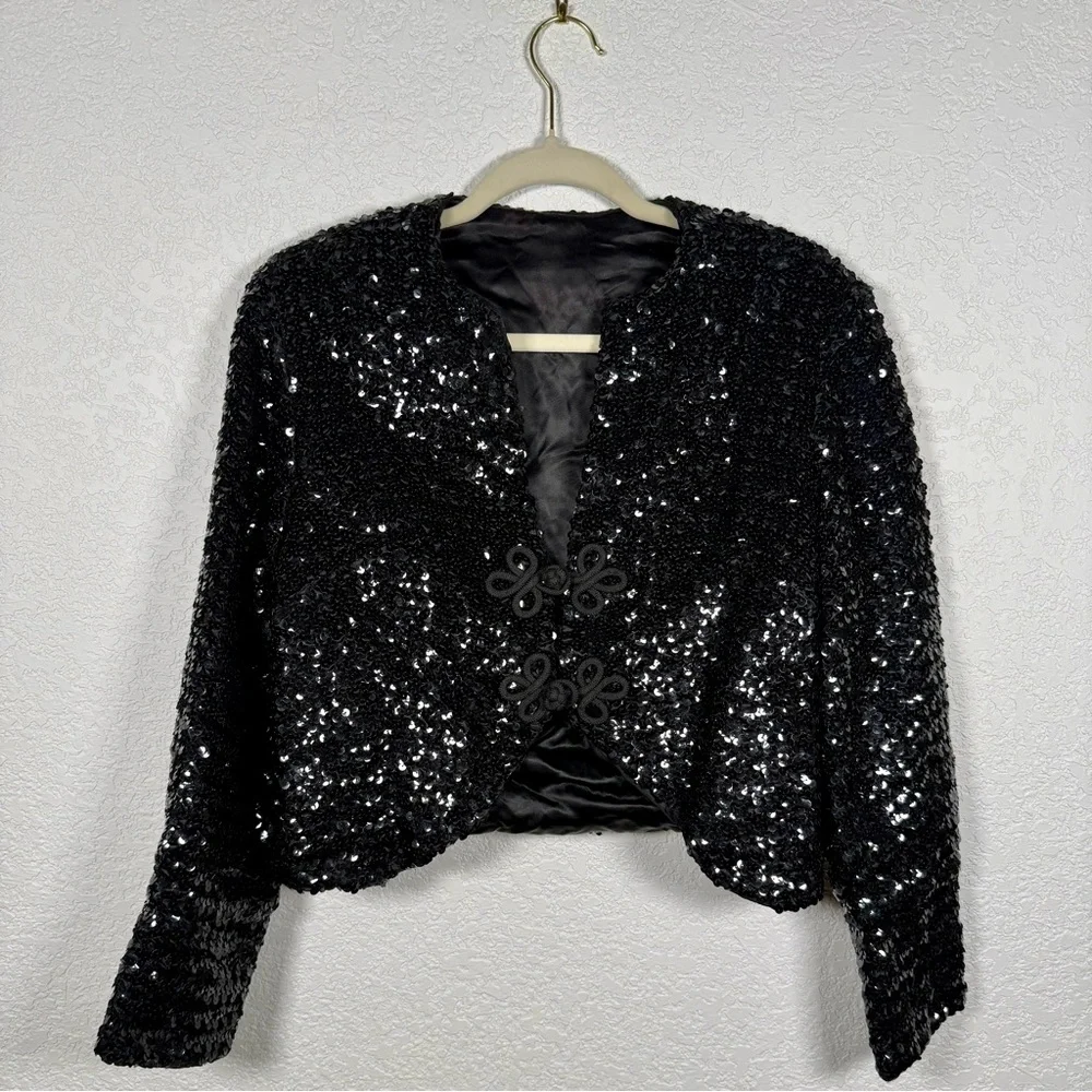 Vintage Union Made ILGWU Black Sequin Cropped Bolero Jacket w/ Frog Closure - Picture 9 of 16